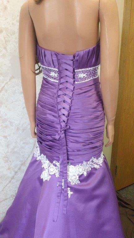 purple white wedding gown